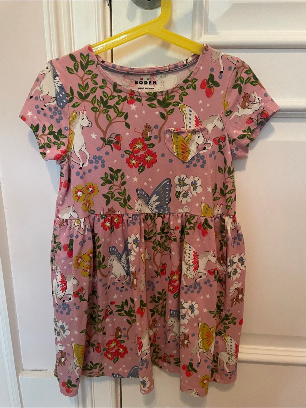 Mini Boden Pink Unicorn & Butterfly Print Cotton Dress size 7-8